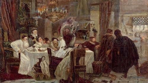 Secret Seder in Spain during the times of inquisition, an 1892 painting by Moshe Maimon